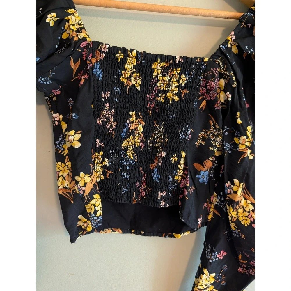 Abercrombie Fitch Black Floral Puff Sleeve Smocked Square Neck Top XS Whimsigoth